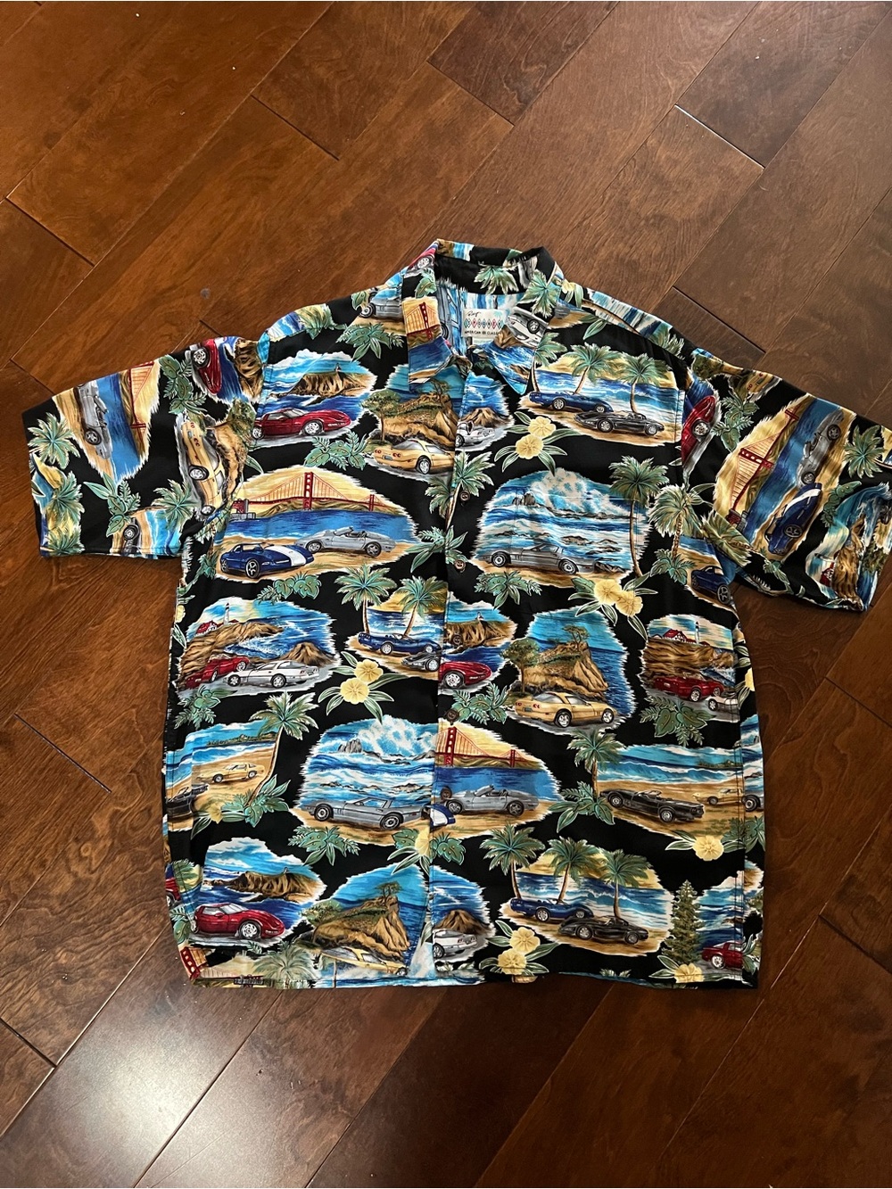 reyn spooner Black Hawaiian Shirt with Multicolor Vintage Car & Beach Print